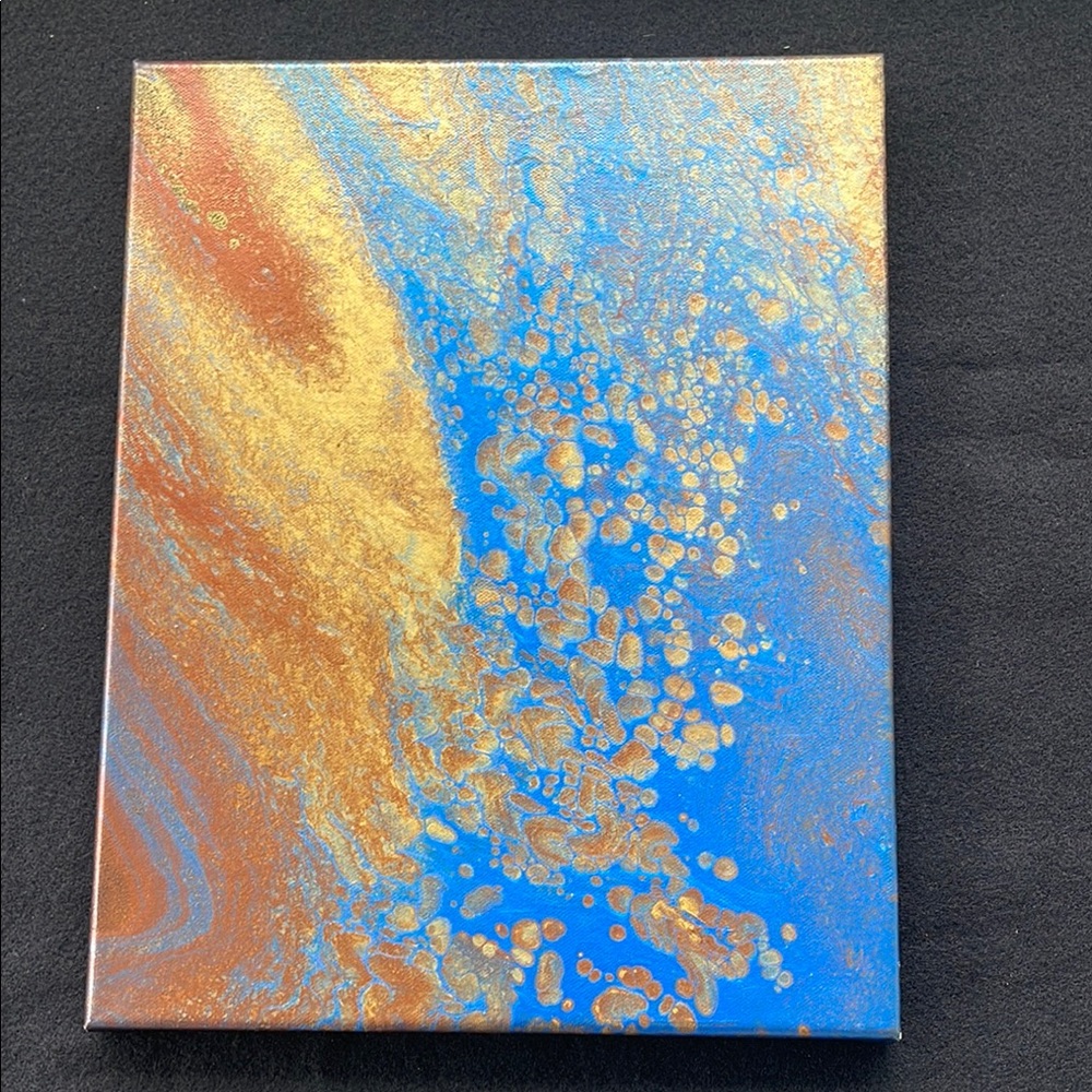 Abstract Blue Gold Canvas Fluid Art Pour Painting Cells Acrylic Paint